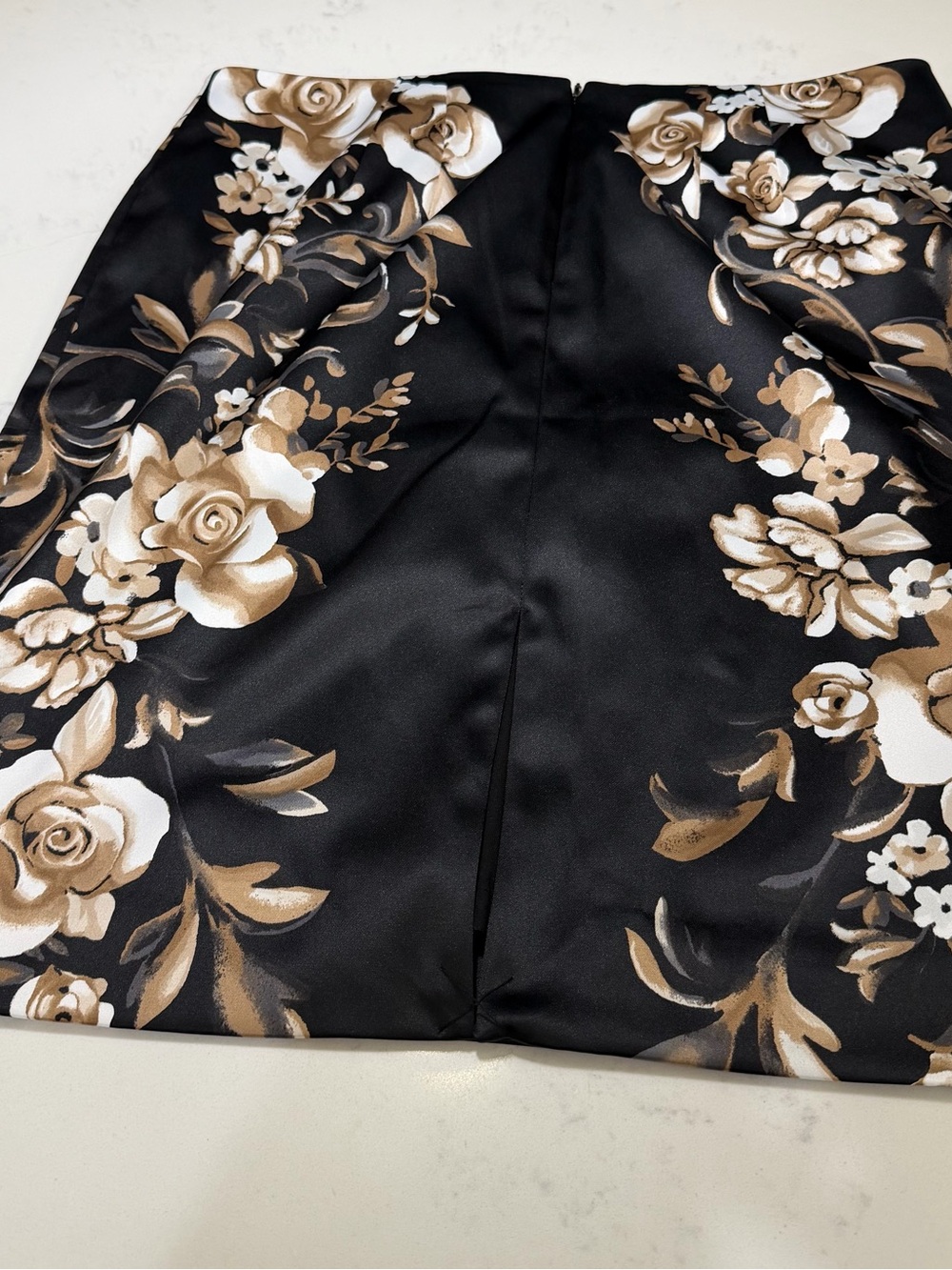 White House Black Market Black Satin Mini Skirt with Beige Floral Print - Picture 3 of 16